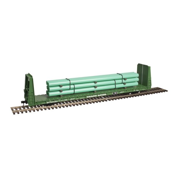 Atlas Trainman O Scale 2 Rail 62' Bulkhead Flatcar Burlington Northern w/ Pipe Load