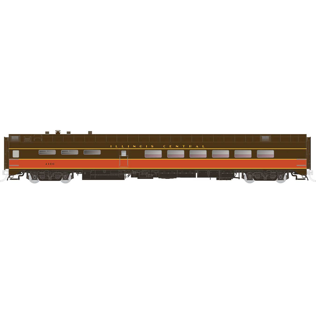 RTR Illinois Central 1-1000F HO 72 Ft Pass Brown/Orange Dining Car 