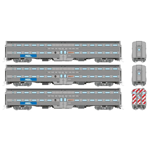 Rapido HO Budd Gallery Commuter Cars Metra "Burlington Nameboard, Cab, & Coach" 3 Pack