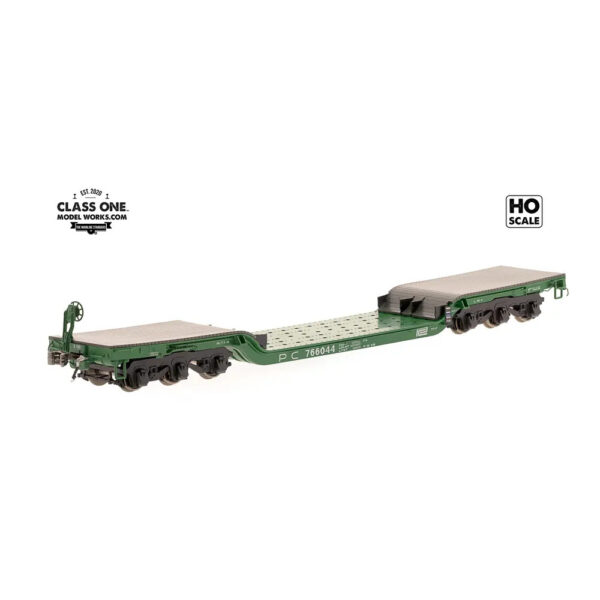Class One Model Works HO GSC Heavy Duty Flat Car Penn Central "Green, w/ Square Style Jacking Pads, Wood Deck"