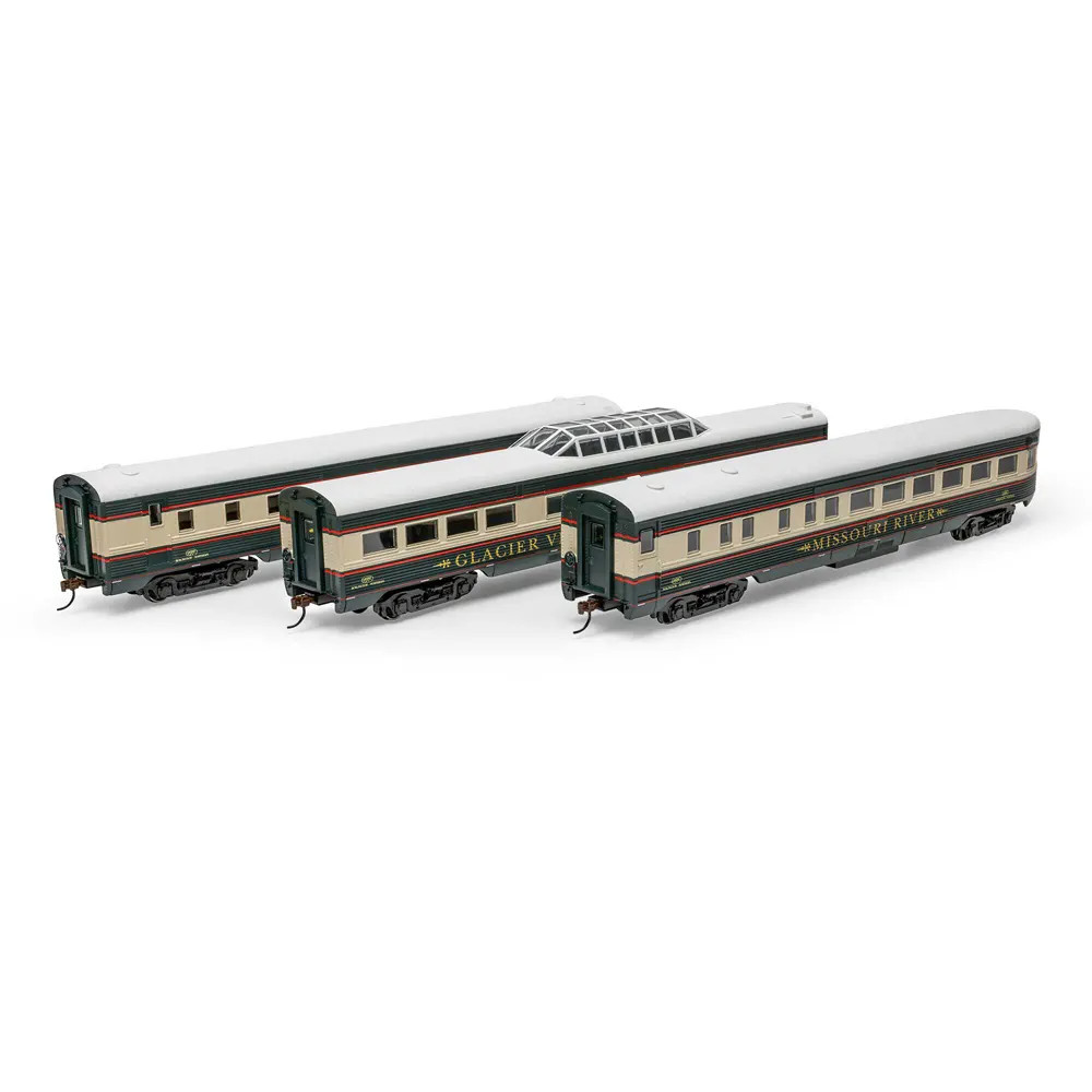Athearn Roundhouse HO Streamline Passenger Cars Diner, Dome, Observation Burlington Northern "Lake Michigan, Glacier View, Missouri River" 3-Car Set