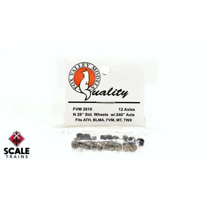 Scale Trains N Fox Valley Models 28" Standard Wheelsets ".540 axle: ATH, BLMA, FVM, MT, SXT, TWX" 12 Pack