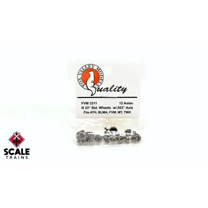 Scale Trains N Fox Valley Models 33" Standard Wheelsets ".553 axle: ATL, CC, IMR, MDC" 12 Pack