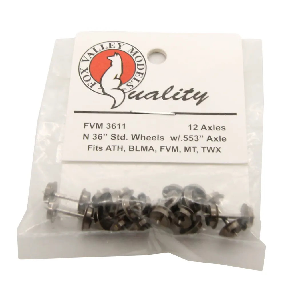 Scale Trains N Fox Valley Models 36" Standard Wheelsets ".553” axle: ATL, CC, IMR, MDC" 12 Pack